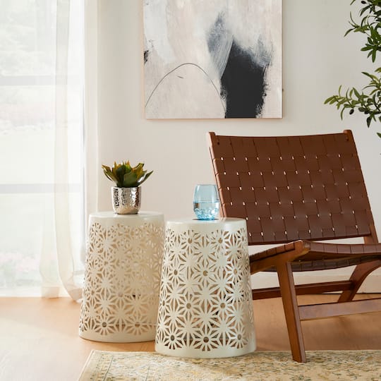Glitzhome® 17.5" Iron Geometric Pattern Solar Garden Stool Set